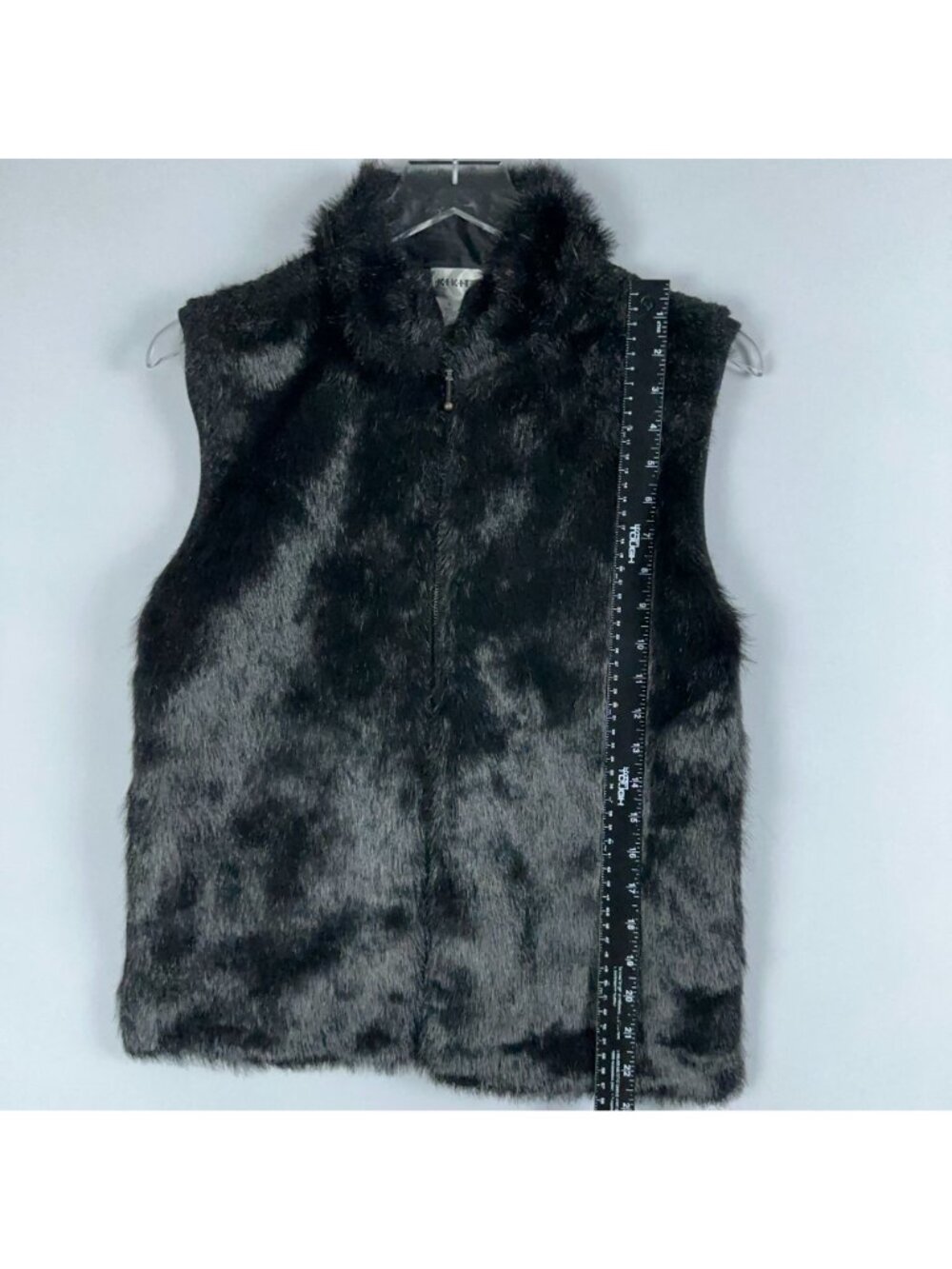 Kikit Maurice Sasson Faux Fur Vest Size Large Black Full Zip Ribbed Knit Back - Picture 9 of 12